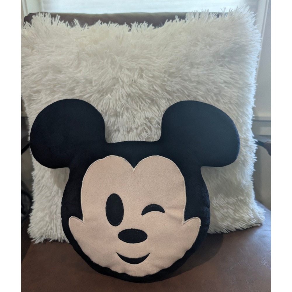 Disney Mickey Mouse Wink Face Shaped Plush Throw Pillow Black White 12"